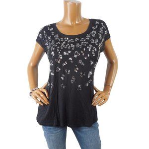 INC Top M Party Shirt Black w/Sequin Detail Stretch Blouse Short Sleeves